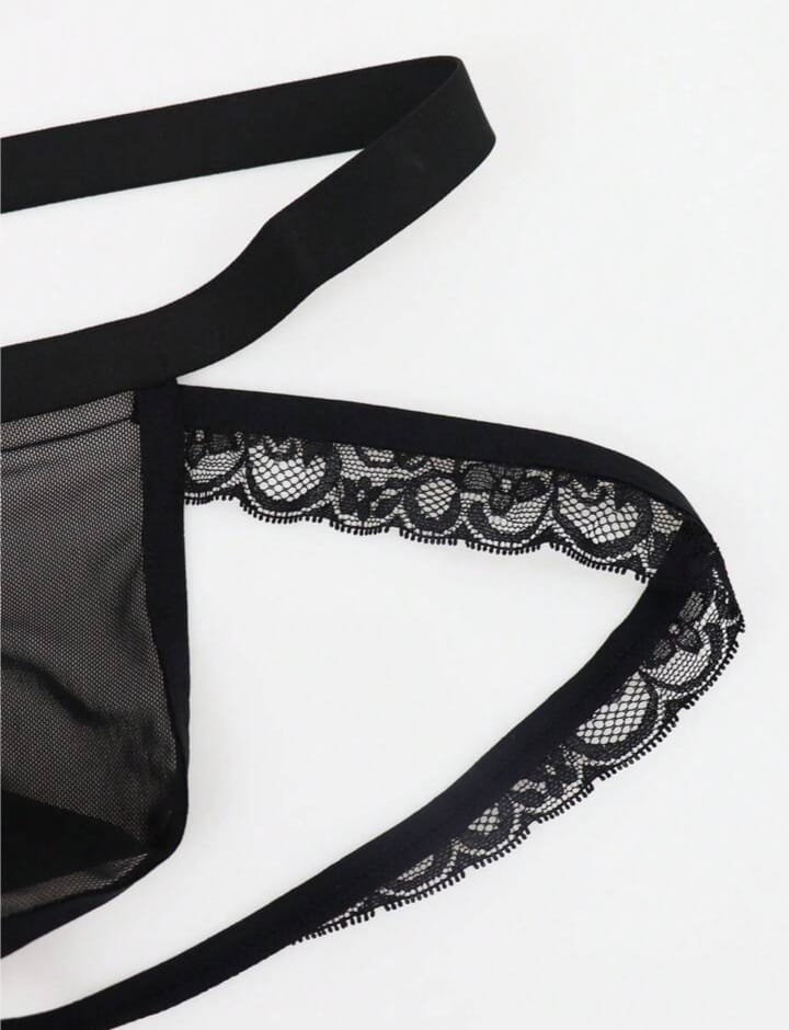 Black Lace Trim Mesh Breathable Mid-Waist Thongs Briefs Alluring For Men